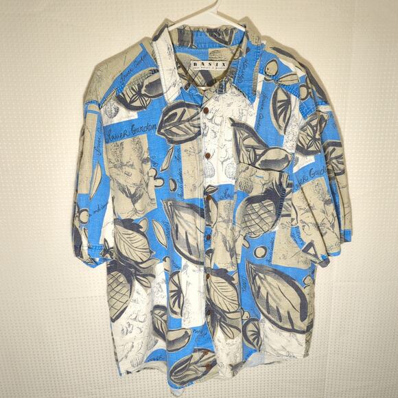 Basix Fenn Wright Manson Shirt L Linen Blend Blue Leaf Print VTG Hong Kong - Picture 1 of 6